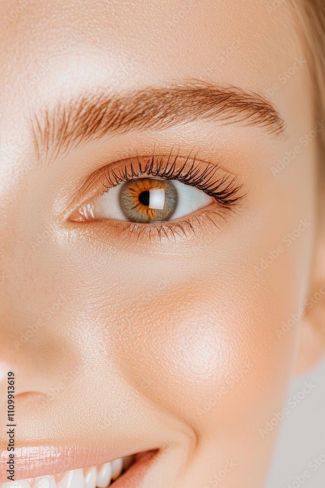 Obraz premium A close-up of a woman's eye, showcasing a natural smile, clear skin, and healthy lashes, highlighting beauty and radiant features.