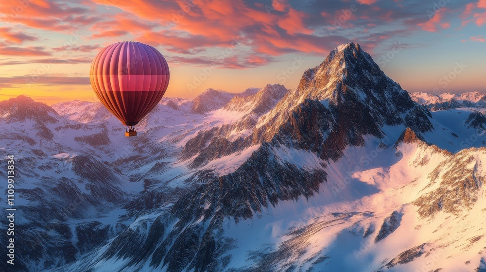 Hot Air Balloon Floating Above Snowy Mountain Peaks at Sunrise - Generative AI Hot Air Balloon Floating Above Snowy Mountain Peaks at Sunrise - Generative AI
