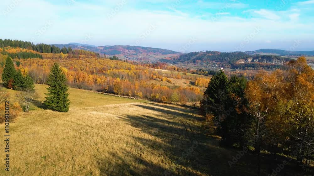 field mountains drone fly over autumn landscape field mountains drone fly over autumn landscape