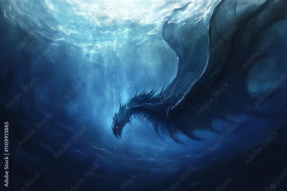 Fototapeta premium A dark, serpentine dragon glides through deep blue water, creating a mystical underwater scene.