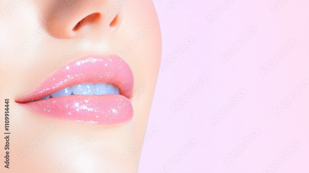 Obraz premium A close-up of glossy pink lips against a soft pink background, exuding a fresh and youthful aesthetic.