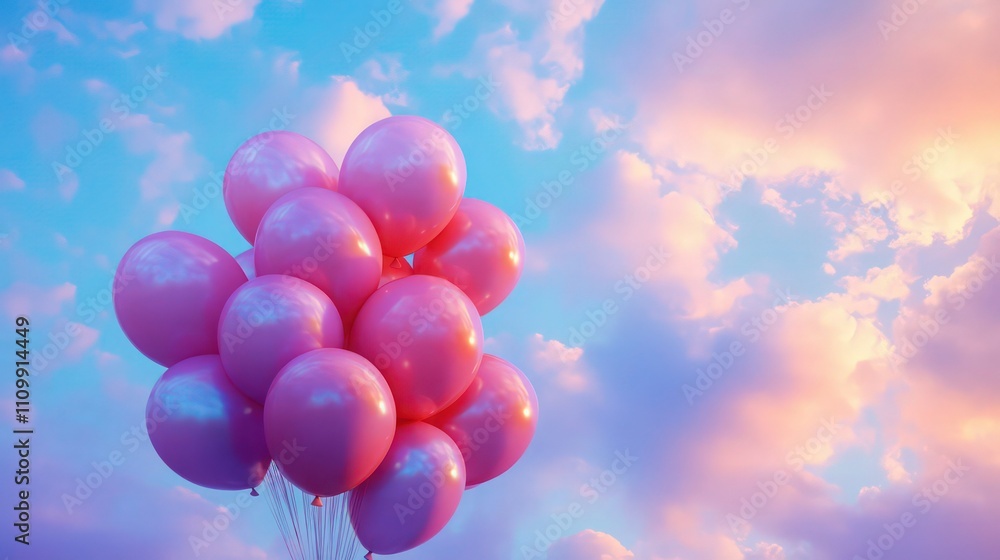 Shiny pink balloons gathered in a large cluster drift upward in a pastel gradient sky. Soft blues and purples blend with delicate clouds, creating a serene, ethereal backdrop. Shiny pink balloons gathered in a large cluster drift upward in a pastel gradient sky. Soft blues and purples blend with delicate clouds, creating a serene, ethereal backdrop.