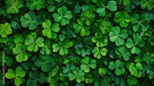 Vibrant green clover leaves background with lush foliage. Happy St. Patrick's Day. Saint Patrick