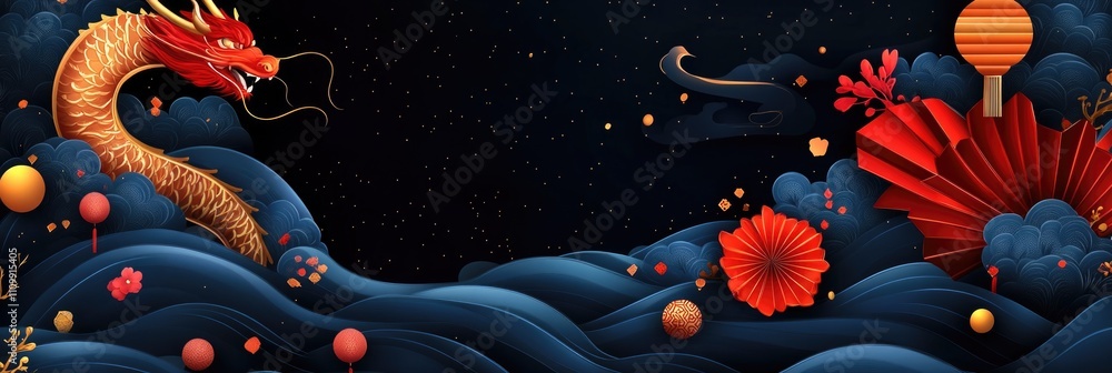 Vibrant red dragon and lanterns amidst waves and stars. Happy Chinese New Year Vibrant red dragon and lanterns amidst waves and stars. Happy Chinese New Year