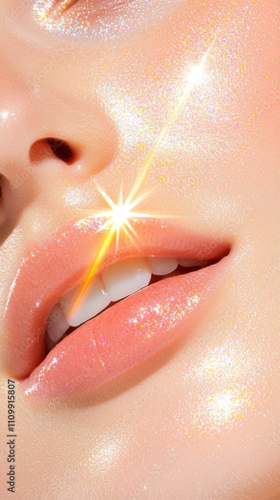 Fototapeta premium A close-up of a woman's lips and cheek, showcasing glossy skin with sparkling highlights for a radiant, fresh look.