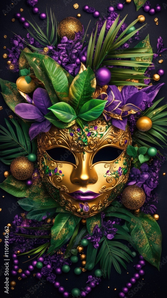 Fototapeta premium Golden mask with vibrant leaves and purple accents on dark background. Happy Mardi Gras