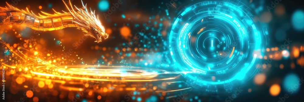 Futuristic digital dragon and neon energy portal in cybernetic battle. Happy Chinese New Year Futuristic digital dragon and neon energy portal in cybernetic battle. Happy Chinese New Year