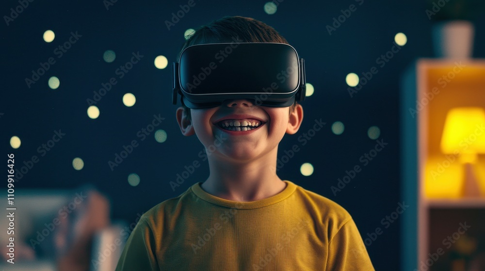 Happy Child Wearing VR Headset Immersive Virtual Reality Experience Happy Child Wearing VR Headset Immersive Virtual Reality Experience