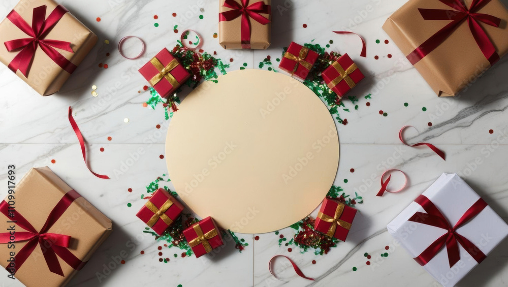 flat lay of wrapped gift boxes with festive ribbons and confetti, creating cheerful atmosphere on white marble surface, perfect for celebrations flat lay of wrapped gift boxes with festive ribbons and confetti, creating cheerful atmosphere on white marble surface, perfect for celebrations