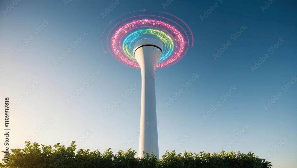 sleek 5G tower radiating colorful digital waves against clear blue sky, surrounded by lush greenery, softly illuminated by warm glow of golden hour sleek 5G tower radiating colorful digital waves against clear blue sky, surrounded by lush greenery, softly illuminated by warm glow of golden hour