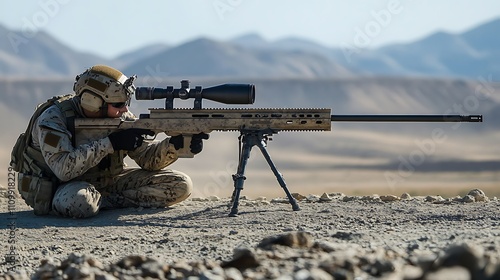 A soldier in desert camouflage kneels, aiming a high-powered rifle with a scope at a distant target, mountains in the background.
