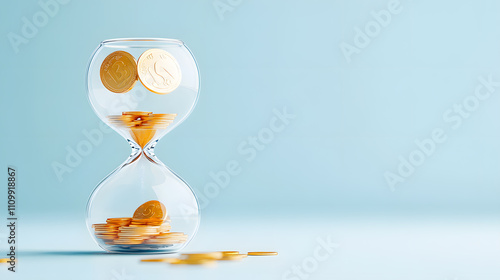 A detailed 3D hourglass with few coins left in the upper chamber, represent limited resources, financial pressure, and time running out. High contrast lighting enhances for corporate storytelling.