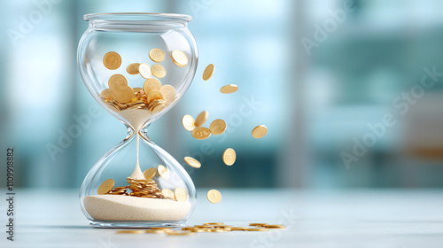 3D render of an hourglass with golden coins falling through, time scarcity, limited resource, and a financial crisis. Visual metaphor for business downturn, wealth management, and corporate challenge.
