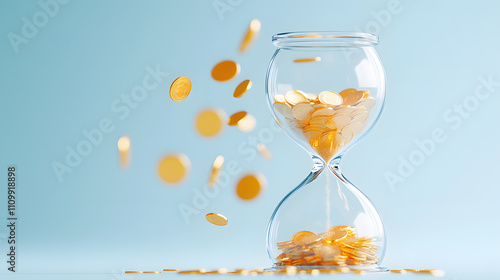 3D render of an hourglass with golden coins falling through, time scarcity, limited resource, and a financial crisis. Visual metaphor for business downturn, wealth management, and corporate challenge.