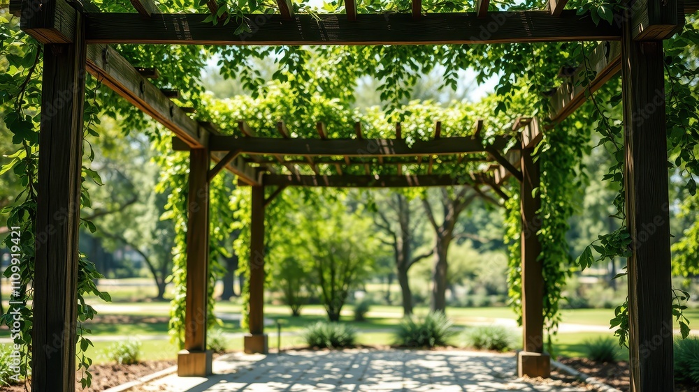 A wooden pergola, its beams overgrown with lush greenery, provides shade and a picturesque entrance to a serene green lawn. A wooden pergola, its beams overgrown with lush greenery, provides shade and a picturesque entrance to a serene green lawn.