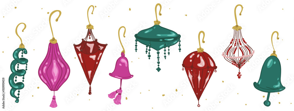 Fototapeta premium Vintage Glass Christmas Toy Collection. Elegant Xmas Ball Retro Set. New year hand drawn luxury toys. Retro fashion bauble. Cartoon doodle aesthetic vector illustration isolated on white background