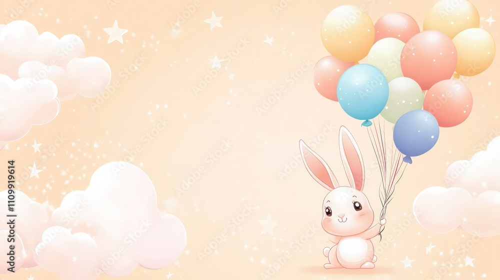 A soft pastel background in gentle peach, featuring a joyful cartoon rabbit with a cluster of colorful balloons. The rabbit is surrounded by whimsical clouds and shimmering stars. A soft pastel background in gentle peach, featuring a joyful cartoon rabbit with a cluster of colorful balloons. The rabbit is surrounded by whimsical clouds and shimmering stars.