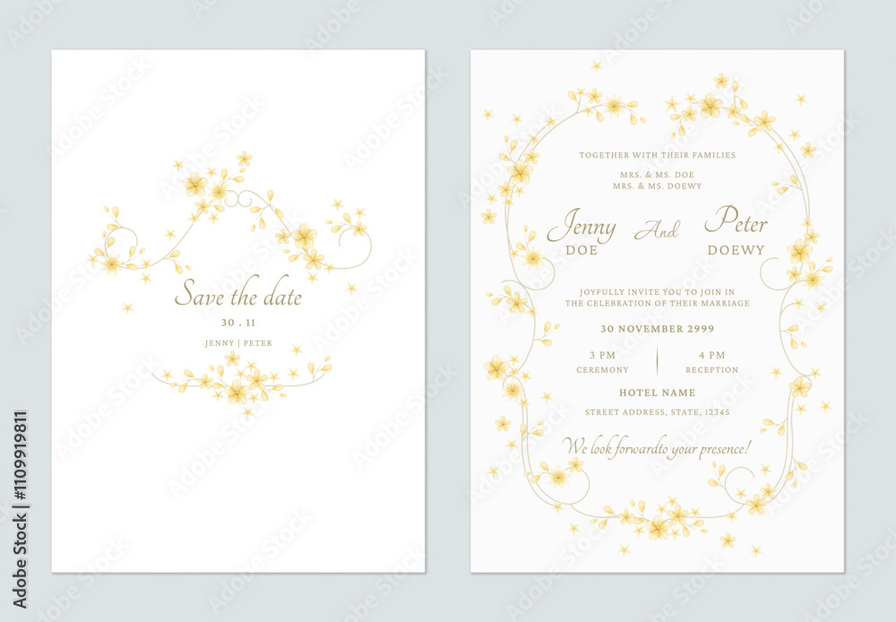 Wedding invitation template set of delicate yellow flowers and vines on a white background, creating a romantic and vintage feel Wedding invitation template set of delicate yellow flowers and vines on a white background, creating a romantic and vintage feel