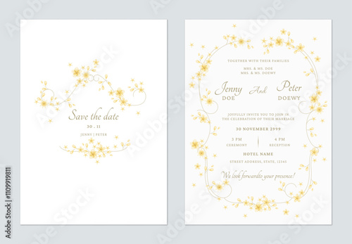 Wedding invitation template set of delicate yellow flowers and vines on a white background, creating a romantic and vintage feel