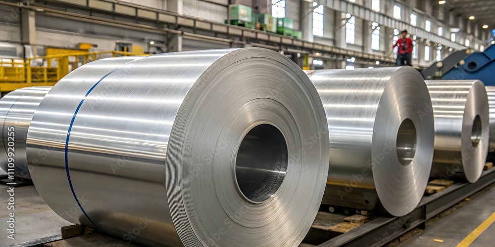 Close-up of large industrial aluminum rolls in a factory setting,Polished Aluminum Rolls in a Factory Close-Up, Ready for High-Precision Manufacturing Close-up of large industrial aluminum rolls in a factory setting,Polished Aluminum Rolls in a Factory Close-Up, Ready for High-Precision Manufacturing