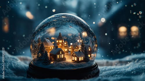 Snow globe. A snowstorm is present while a Christmas decoration is depicted in a glass Christmas globe. The background is an exquisite bokeh. 