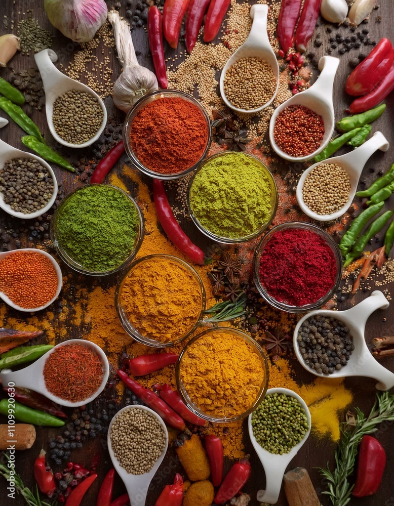 Aromatic spices in bowls and spoons, vibrant colors. Aromatic spices in bowls and spoons, vibrant colors.