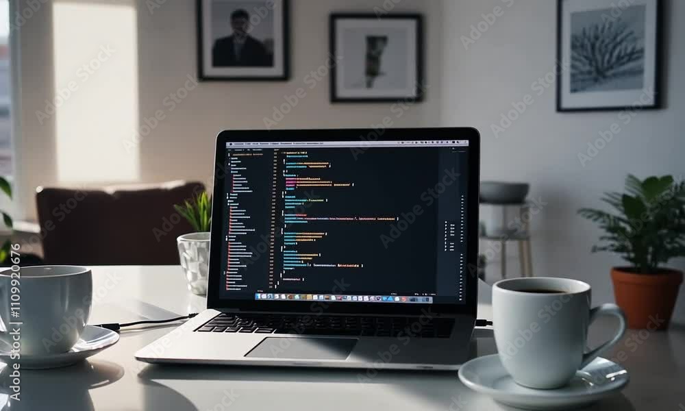 A laptop displaying code sits on a table beside a coffee cup in a well-lit workspace. A laptop displaying code sits on a table beside a coffee cup in a well-lit workspace.