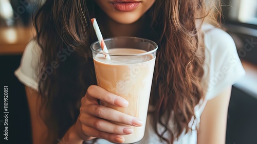 Close-up of a woman's hand holding a glass of milkshake with a straw.