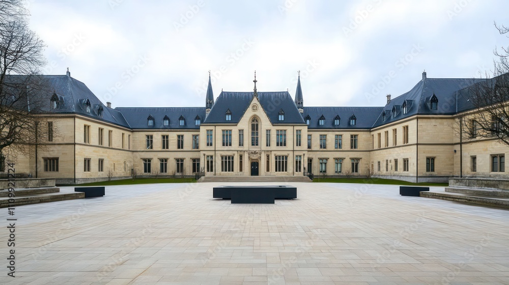 Naklejka premium Wide-angle shot of an international court house with a majestic facade, emphasizing governance, law, and global cooperation.