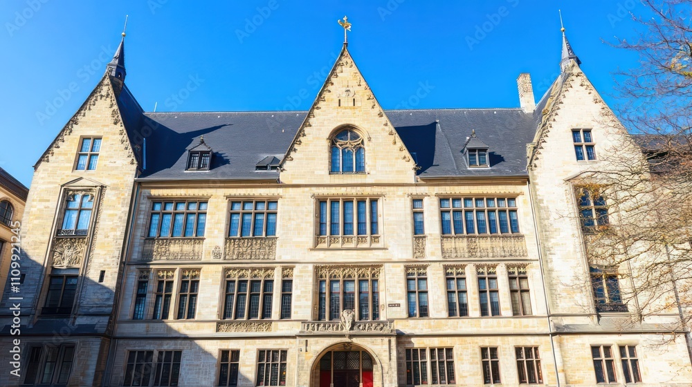 Naklejka premium International court house with elegant columns and flags, representing the role of law and diplomacy in global dispute resolution.