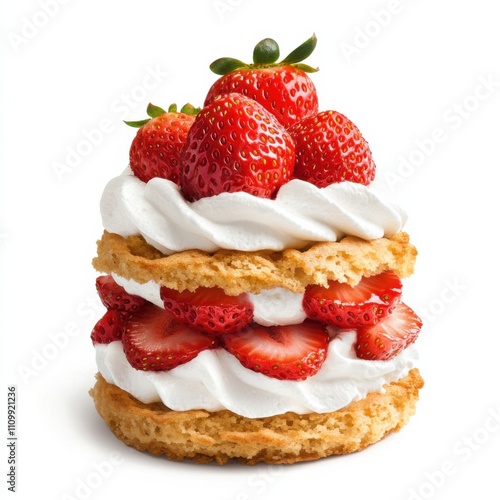 A beautifully layered strawberry shortcake with fresh whipped cream and juicy strawberries on top, isolated white background, hyperrealism art style