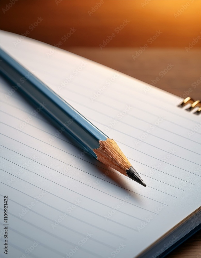Close-up of a sharpened pencil resting on a spiral notebook.