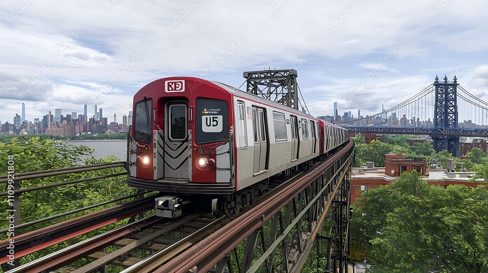 Naklejka premium A train travels on elevated tracks with a city skyline and bridge in the background.