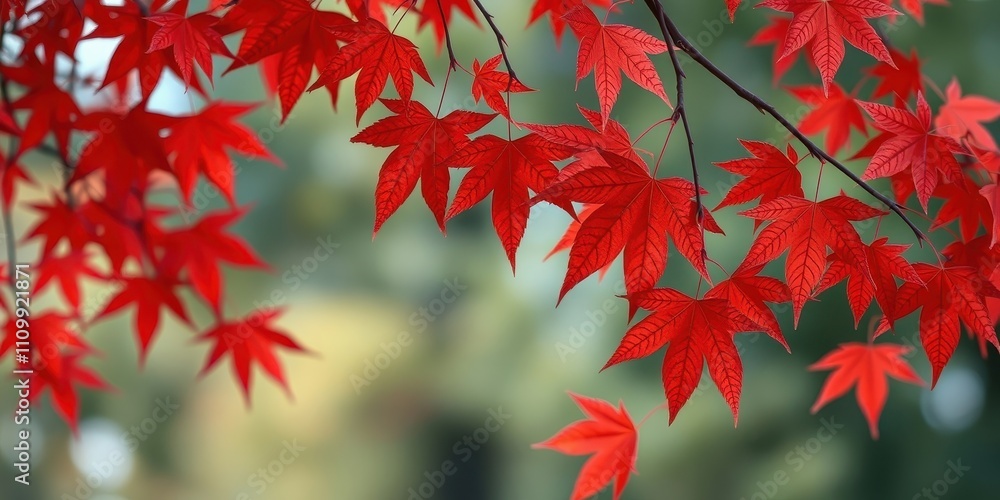 Vibrant crimson maple leaves against a soft green backdrop, showcasing the intricate veins and delicate textures of nature's artistry Vibrant crimson maple leaves against a soft green backdrop, showcasing the intricate veins and delicate textures of nature's artistry