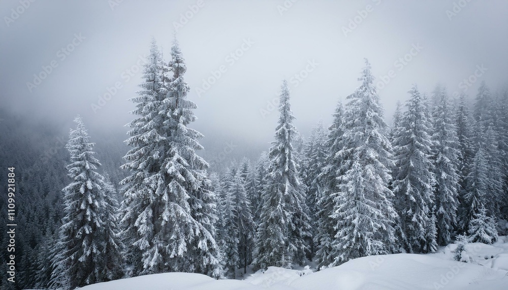 Snow-covered pine trees on a misty mountain. Serene winter landscape. Snow-covered pine trees on a misty mountain. Serene winter landscape.