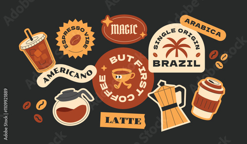 Coffee stickers collection. Hipster groovy coffee elements stickers, tags, labels. Y2k vintage organic flat.