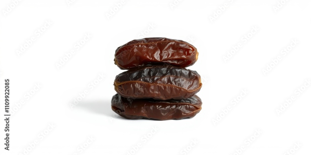 Obraz premium A trio of dried dates stacked neatly, their wrinkled skin revealing a hint of sweetness