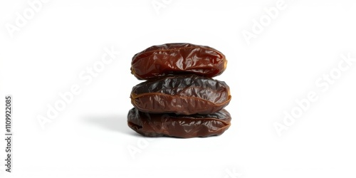 A trio of dried dates stacked neatly, their wrinkled skin revealing a hint of sweetness