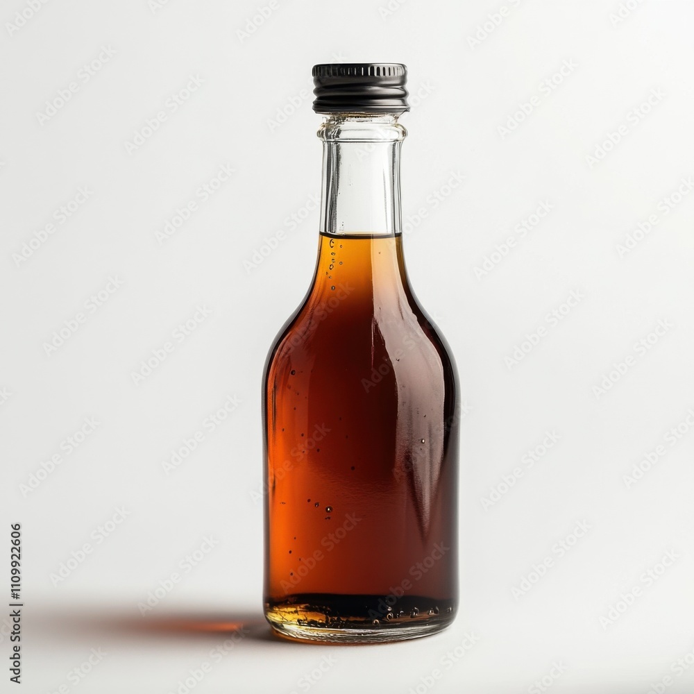 A bottle of aged rice vinegar with a drizzle, isolated white background, realism art style A bottle of aged rice vinegar with a drizzle, isolated white background, realism art style