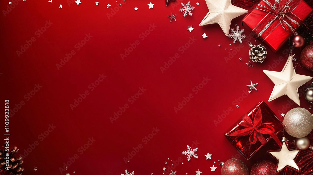 A festive Christmas table setting featuring a red background, white stars, and snowflakes. The composition offers ample space for text and is perfect for holiday cards, invitations, and social media p A festive Christmas table setting featuring a red background, white stars, and snowflakes. The composition offers ample space for text and is perfect for holiday cards, invitations, and social media p