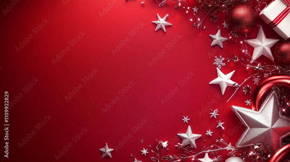 A festive Christmas table setting featuring a red background, white stars, and snowflakes. The composition offers ample space for text and is perfect for holiday cards, invitations, and social media p A festive Christmas table setting featuring a red background, white stars, and snowflakes. The composition offers ample space for text and is perfect for holiday cards, invitations, and social media p