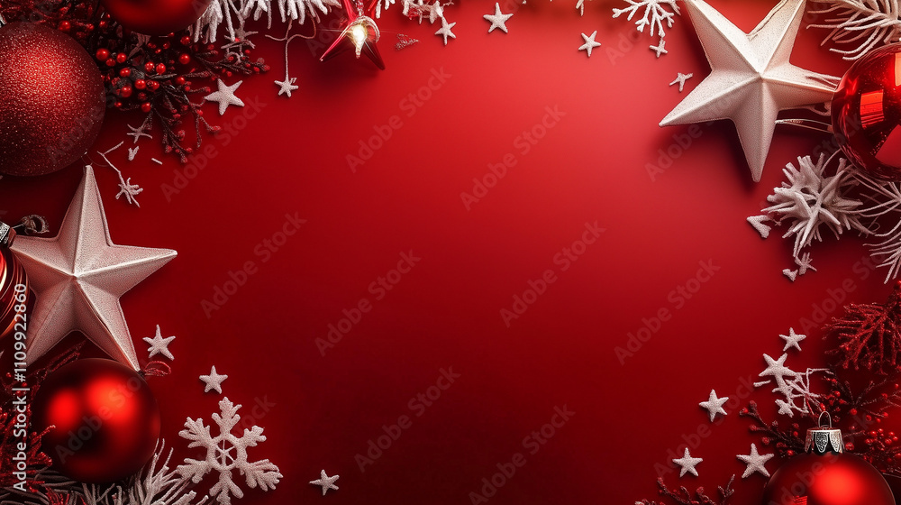 A festive Christmas table setting featuring a red background, white stars, and snowflakes. The composition offers ample space for text and is perfect for holiday cards, invitations, and social media p A festive Christmas table setting featuring a red background, white stars, and snowflakes. The composition offers ample space for text and is perfect for holiday cards, invitations, and social media p