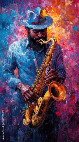 A colorful AI-generated image featuring a jazz saxophonist playing amidst an explosion of abstract textures and hues. The lively colors enhance the musical energy of the scene. AI generated.