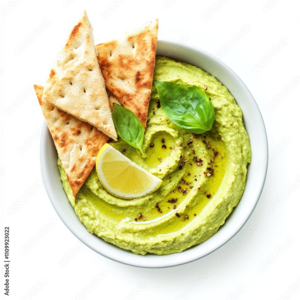 A bowl of creamy avocado hummus with pita bread wedges, isolated white background, surreal art style A bowl of creamy avocado hummus with pita bread wedges, isolated white background, surreal art style