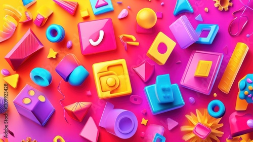 A vibrant assortment of colorful 3D geometric shapes and objects on a gradient background.