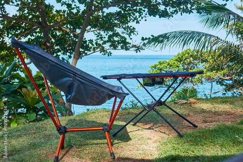 incredible view from the tourist tent on the seashore, opening the tent door, folding chair and table