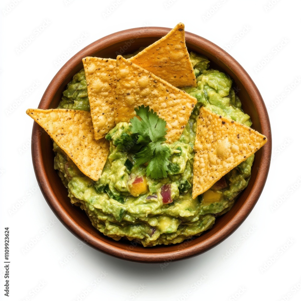 A bowl of creamy guacamole with tortilla chips, isolated white background, cubist art style A bowl of creamy guacamole with tortilla chips, isolated white background, cubist art style