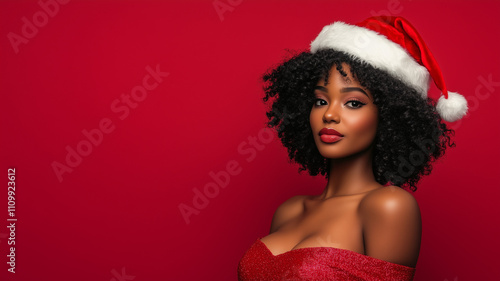 Beautiful young black woman wearing a Christmas hat and red sexy dress celebrating Christmas on a light red studio background with copy space