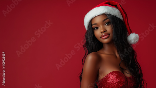 Red background with copy space with beautiful attractive black girl in Santa Claus hat, invitation card, Christmas shopping or sales, advertising or banner