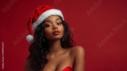 Beautiful attractive young black woman in Christmas theme looking at camera, red background with copy space